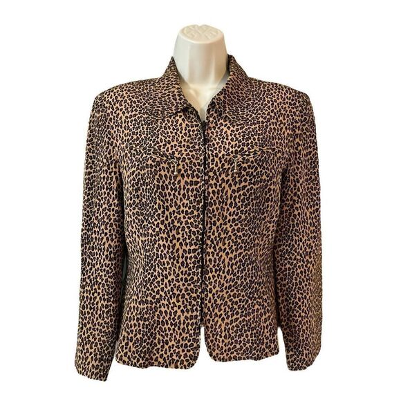 Allison Taylor Animal Print Silk Blazer Jacket Full Zip Lined Black Brown Size S - Picture 3 of 9